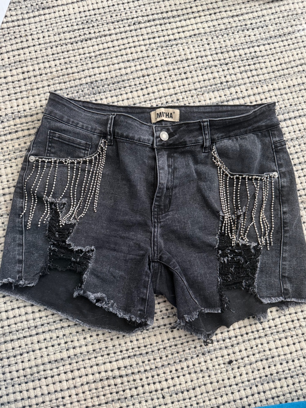 JMITHA Black Rhinestone Fringe Distressed Denim Shorts Size 12/31 (Amazon)